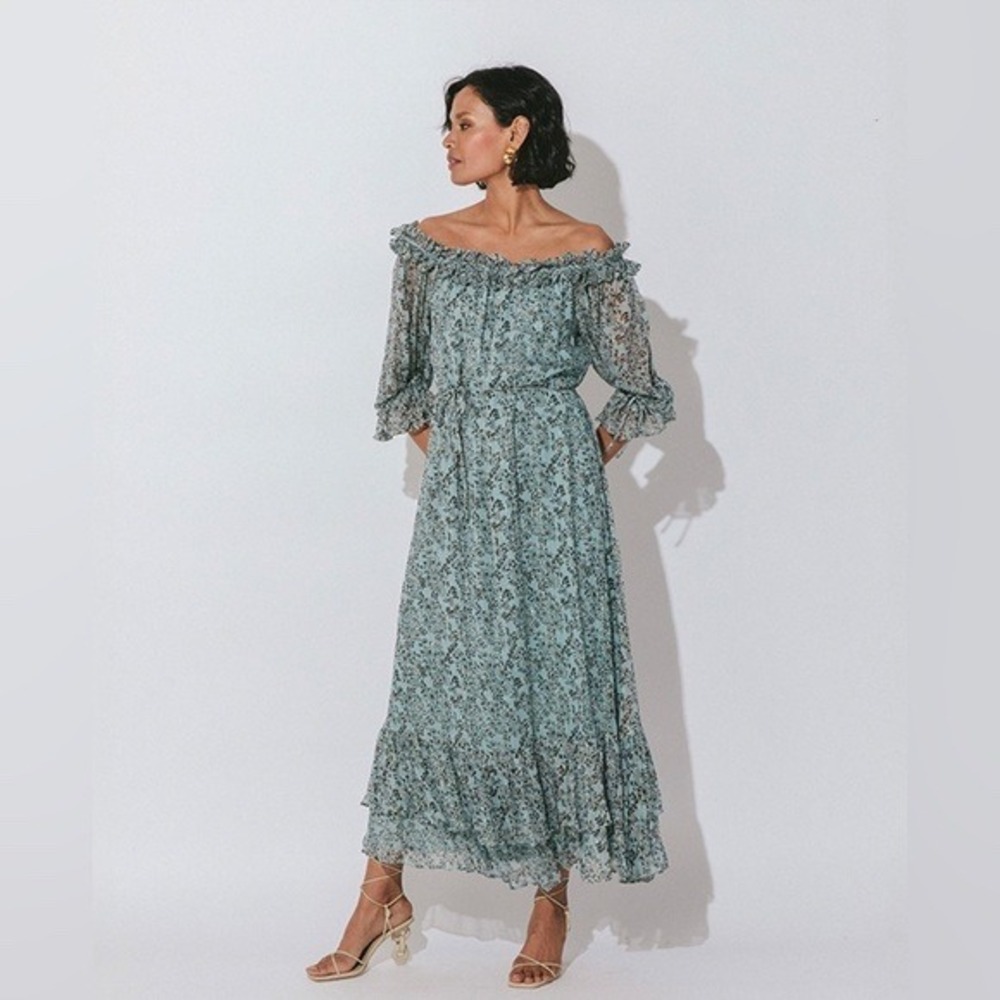Cleobella Livia Ankle Dress Green Floral Off Shoulder Balloon Sleeve Lurex Med